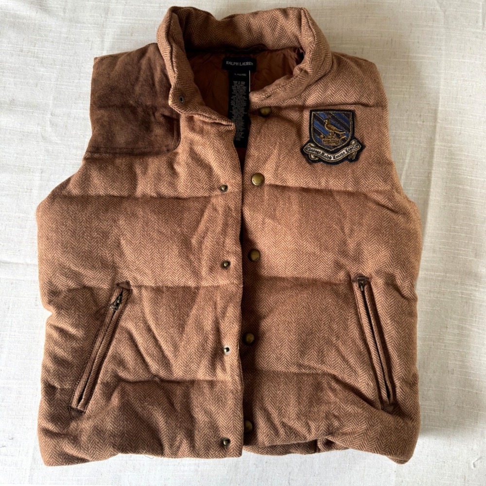 Ralph Lauren Girls L 12 14 Herringbone Wool Puffer Vest Equestrian Crest Suede‎